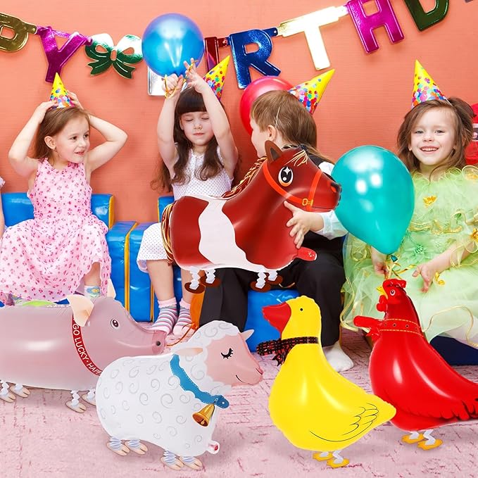 6 Pcs Walking Animal Balloons, Farm Animals Balloons, Walking Foil Mylar Balloon, Farm Birthday Decorations for Farm Theme Party Supplies (Animal)