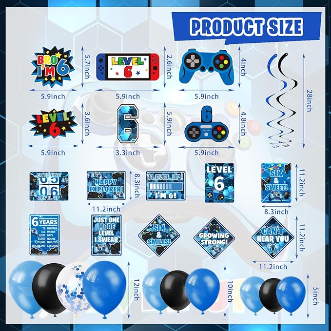 6th Birthday Decorations for Boys, 149Pcs Blue Video Game level 6 Party Supplies for Boy 6th Birthday - Backdrop, Banner, Balloons, Tablecloth, Centerpieces, Hanging Swirls, Wall Signs