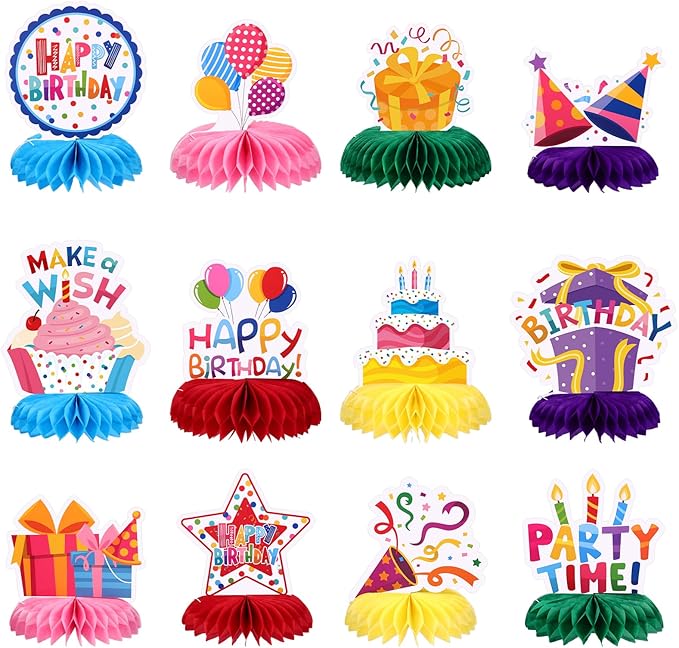 12 Pieces Birthday Table Decorations Colorful Happy Birthday Table Centerpieces Party Honeycomb Centerpieces Table Toppers for Kids Party Supplies