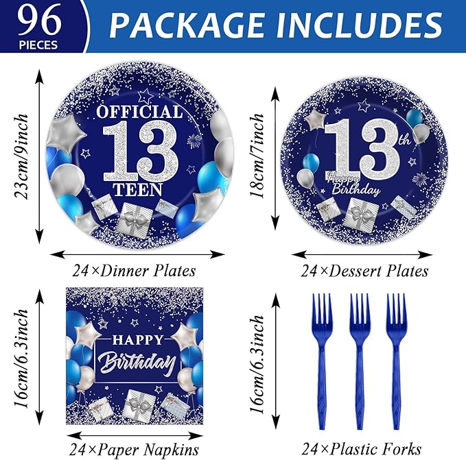 gisgfim 96 PCS 13th Birthday Party Supplies 13th Birthday Plates and Napkins Official Teen 13th Tableware Blue and Silver Dinnerware Set 13 Years Old Party Decorations Favors for Boys Girls Serve 24