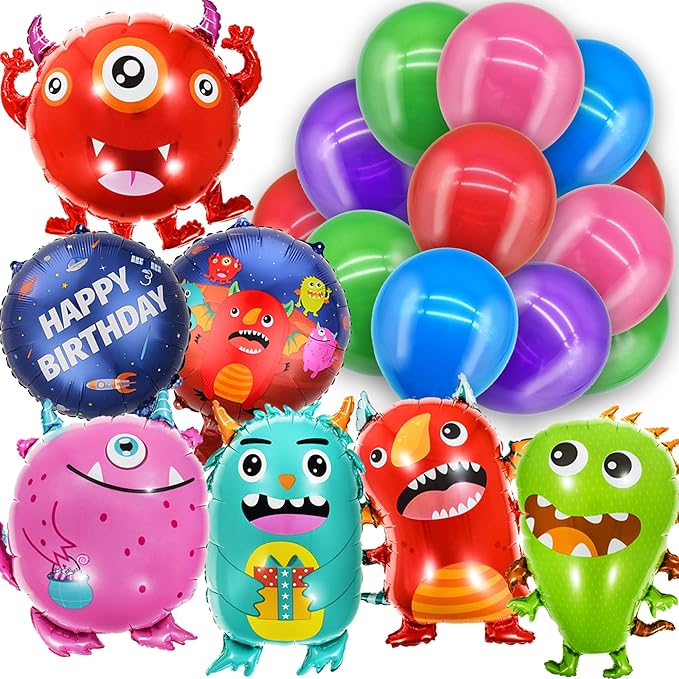 Monster Party Supplies, Monster Birthday Decorations - Monster balloons, paper plates, napkins, cups, cupcake & cake toppers, birthday banner, tattoos
