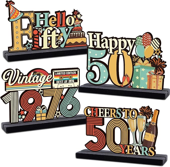 50th Birthday Decorations for Men Women - Colorful Vintage 1976 Fifty Birthday Wooden Centerpieces Table Decor, Cheers to 50 Years Old Bday Table Topper Sign Party Decor Supplies
