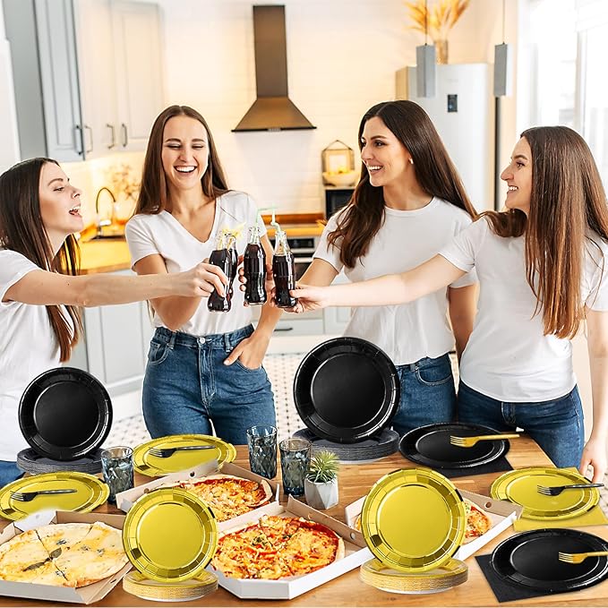 96Pcs Black and Gold Birthday Party Decorations Black and Gold Paper Plates and Napkins Sets Tablewares Dinnerwares for Graduation Wedding Birthday Baby Shower Party Supplies 24 Guest