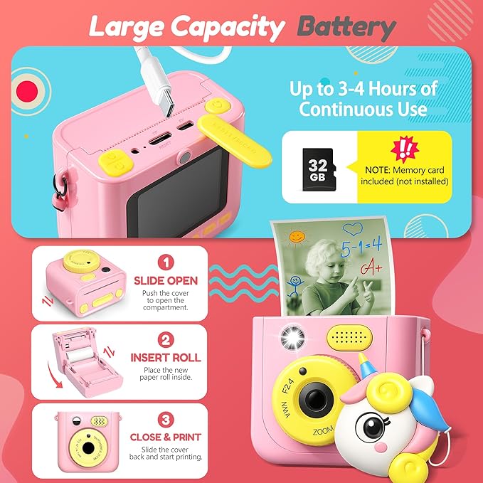 Instant Camera for Kids, Digital Print Camera 48MP 1080P, Color & B&W Printing, 2.4" Display, USB-C Rechargeable, 32GB Card, Christmas & Birthday Gifts for 3-12 Year Old Girls Boys (Pink)