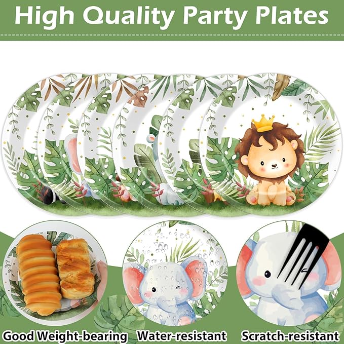 60Pcs Jungle Safari Plates Party Supplies Zoo Animal Paper Plates Safari Tableware Party Decorations for Birthday Baby Shower Woodland Animals Print Dinnerware Party Favors for 60 Guest