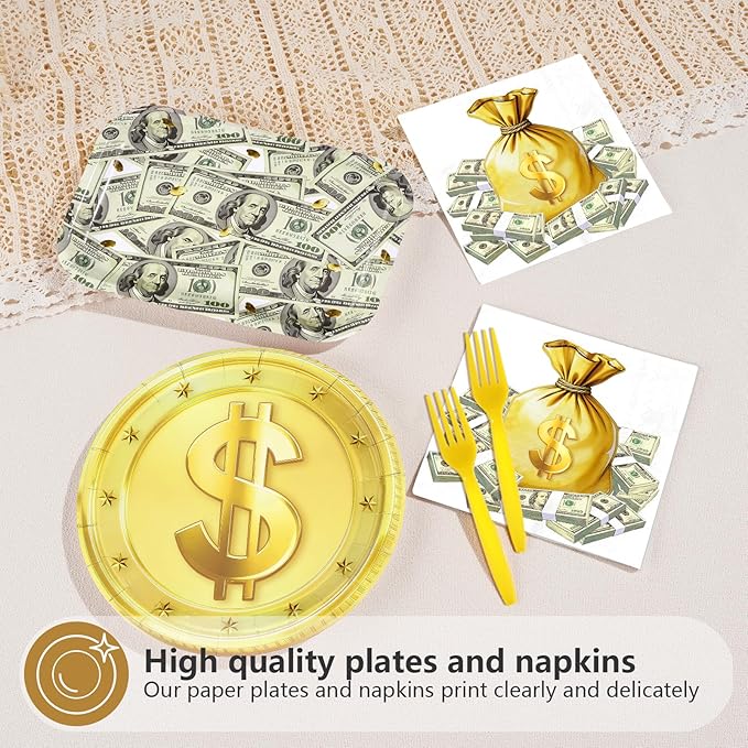 96 Pcs Money Party Decorations Hundred Dollar Bills Paper Plates and Napkins One Hundred Dollar Money Theme Tableware Sets for Birthday Casino Wedding Bachelorette Anniversary Party Supplies Serves 24