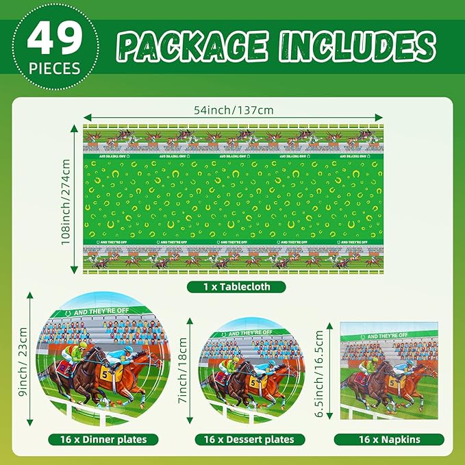 49 Pcs Derby Party Supplies Horse Racing Party Disposable Tableware Set Including Paper Plates Napkins Tablecloth Derby Day Disposable Dinnerware for Horse Birthday Supplies Serve 16 Guests