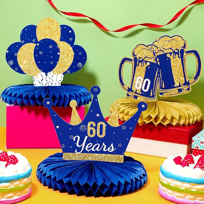 Spakon 8 Pieces Table Decorations Glitter Honeycomb Centerpieces Table Toppers Party Decorations for Men and Women Party Supplies(60th Birthday,Blue Gold)