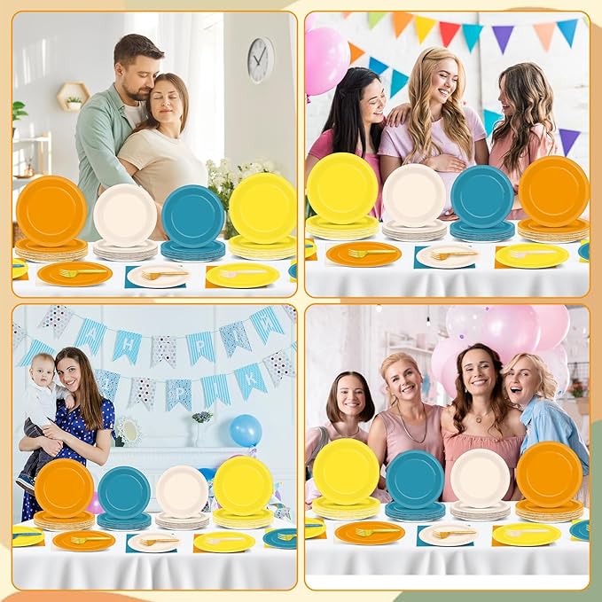 96PCS orange and yellow Party Paper Plates and Napkins for Boho Sun Party Supplies Retro Blue Orange Mustard Yellow Disposable Tableware Set for 24 Guests Baby Shower Birthday Parties Decorations