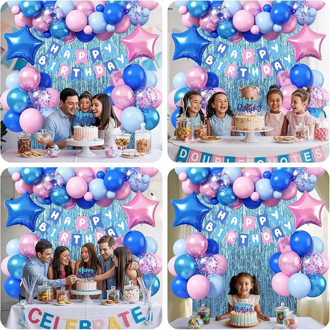 Pink and Blue Birthday Decorations, Royal Light Blue Pink Metallic Purple Confetti Latex Foil Balloons Happy Birthday Banner Fringe Curtain for Boys Girls Wedding Baby Shower Party Decoration Supplies