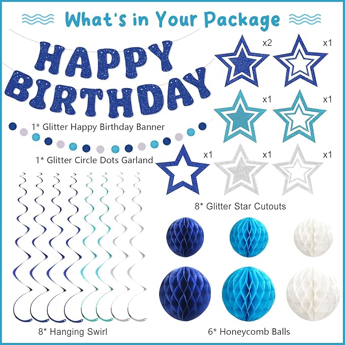 Amandir Birthday Decorations for Boys Men, Glitter Happy Birthday Banner with Honeycomb Balls, Star Hanging Swirls Streamers, Circle Dots Garland, Blue Birthday Party Decorations Supplies Girls Women