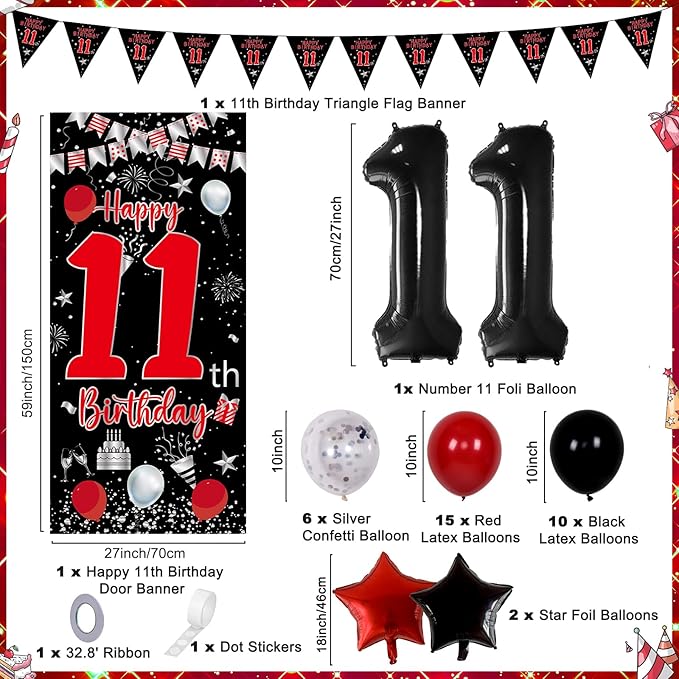 11th Birthday Decorations for Boys Girls, Happy 11th Birthday Decorations Boy, Red Black 11 Year Old Birthday Door Banner, Triangle Flag, Large Number 11 Balloons Bday Party Decor for 11 birthday