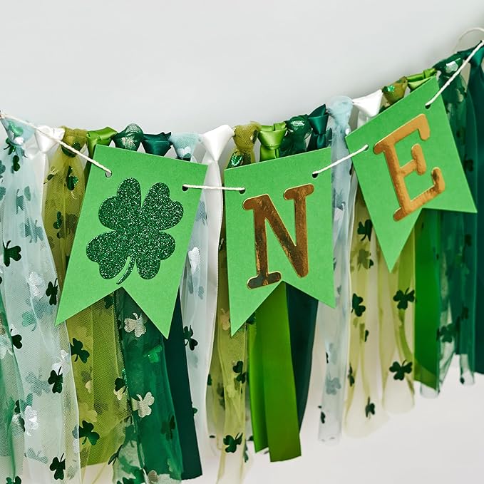 St. Patrick's Day High Chair Banner - Lucky One Birthday Party Supplies,Glitter Luck Shamrock Decorations,Four Leaf Clover First Birthday ONE Tutu Highchair Banner (lucky green)