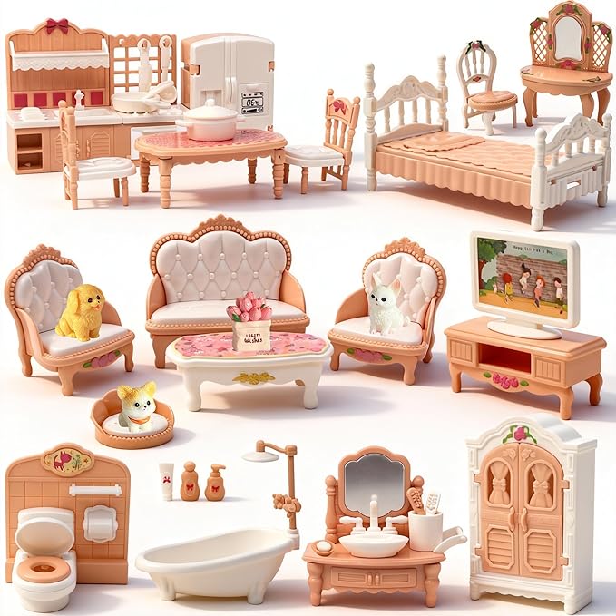 Dollhouse Furniture Set, 38 Pcs Miniature Doll House Accessories with Dogs and Cat ，Kitchen Bedroom Living Room Bathroom Furniture, Toy for Kids Ages 3+ Boys Girls, Great Gift Idea