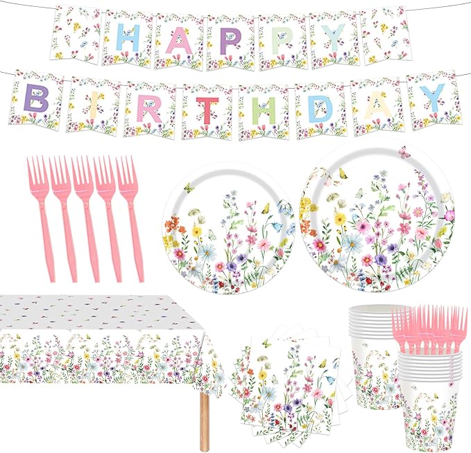 82PCS Spring Floral Party Supplies: Pink & White Floral Dinnerware Set with 16pcs Plates, Napkins, Cups & Forks, 'HAPPY BIRTHDAY' Banner, Tablecloth for Birthday Parties