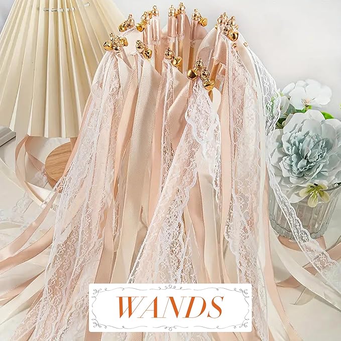 50Pcs Ribbon Sticks Wands Streamers with Bells Silk Fairy Lace Stick Party Ribbon Streamers for Wedding Party, Birthday and Holiday Activities-Champagne