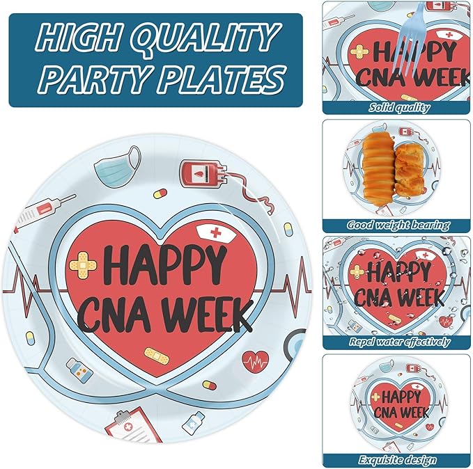 CHUNNIN 96Pcs Happy CNA Week Plates and Napkins Nurse Appreciation Week Party Decorations We Love Our CNAS Dessert Plates Nurse Tableware for 24 Guests CNA Appreciation Week Party Supplies