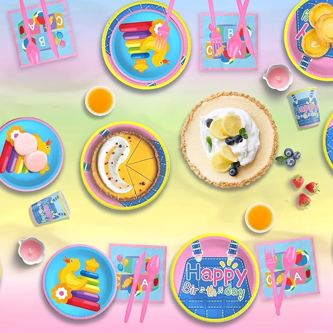 English Teacher Party Supplies, Fufuddz Rainbow Birthday Decorations Cartoon Teacher Party Plates and Napkins for Girls Boys 1st Birthday Banner Balloons Tablecloth Candle, Tableware Set for 24 Guests