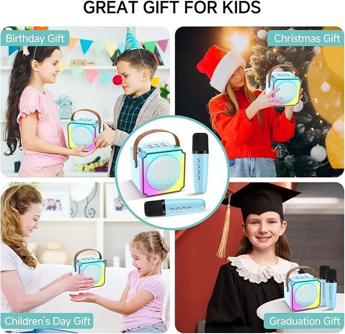 Mini Karaoke Machine for Kids and Adults,Portable Bluetooth Karaoke Speaker with 2 Wireless Microphones, Kids Karaoke Machine for Home Party,Birthday Gifts for Girls Boys（Blue）