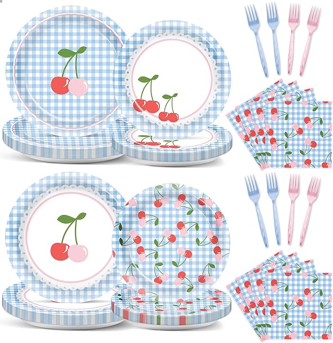 96Pcs Cherry Birthday Party Decorations Cherry Plates and Napkins Blue Checked Paper Plates Cherries on Top Disposable Tableware for Baby Shower Bridal Bachelorette Supplies Cherries