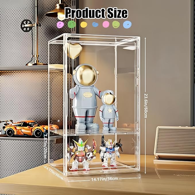 Versatile Wide Acrylic Display Cabinet - w/ 1 Adjustable Shelf for Multi-Level Display of Statues & Figures, Magnetic Door Collector's Showcase (Extra Large with one Block(14.17*14.17*23.6in))