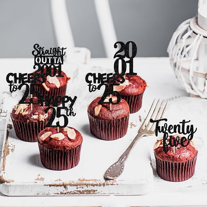 30PCS Black 25th Birthday Cupcake Toppers Glitter Twenty Five Happy 25th Straight Outta 2001 Cupcake Picks for Cheers to 25 Years Birthday Anniversary Party Cake Decorations Supplies