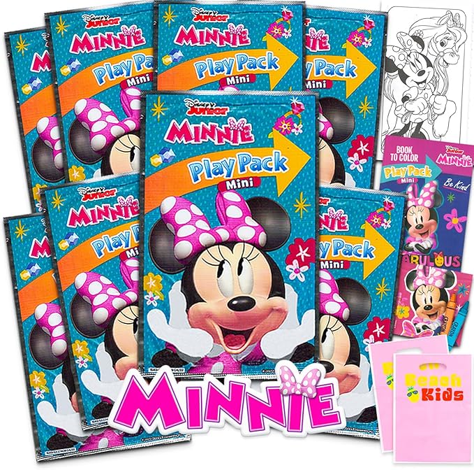 8 Pc Minnie Mouse Mini Party Favors Set - Bundle 8 Play Packs with Mini Coloring Books, Stickers, and Goodie Bags | Minnie Mouse Birthday Party Supplies Decorations