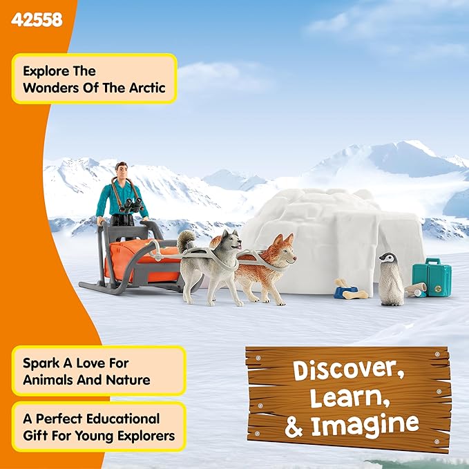 schleich Wild Life - 19 PC Antarctic Expedition Playset with Ranger, Husky Dogs, and Penguin Animal Figurines - Snow Safari Play Set with Dogsled and Igloo - Educational Toys for Kids 3 - 8 | 42558