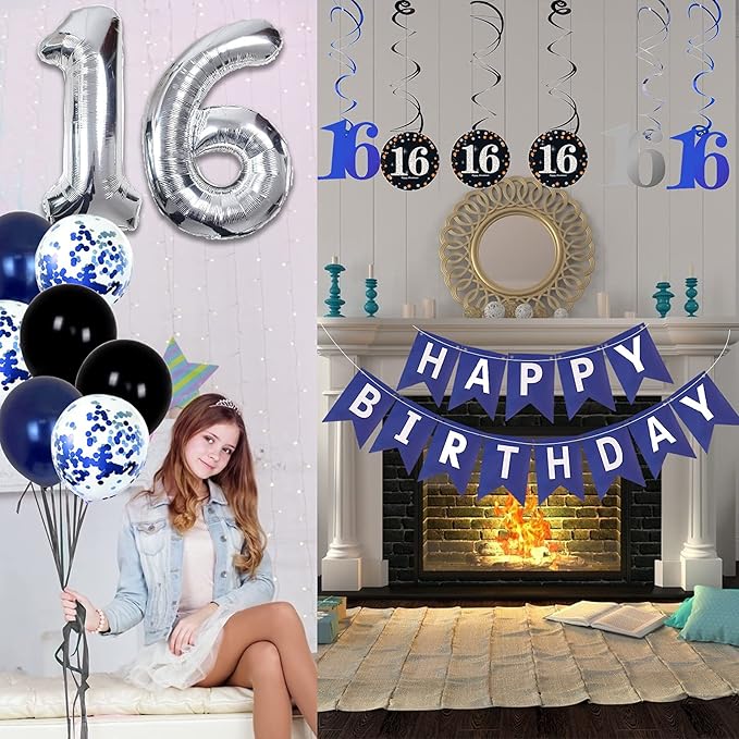 16th Birthday Decorations for Boys and Girls Dark Blue, HAPPY BIRTHDAY Banner Silver Number 16 Balloons, Deep Blue Theme Party for Him - 16 Years Old Birthday Party Supplies Kit for Her