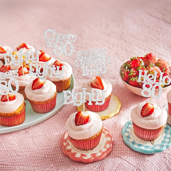 Ephlyn 24Pcs Happy 80th Birthday Cupcake Toppers Glitter Straight Outta 1946 Cupcake Picks Hello 80 Cheers to 80 Years Birthday Cake Decorations for 80th Birthday Anniversary Party Supplies Silver