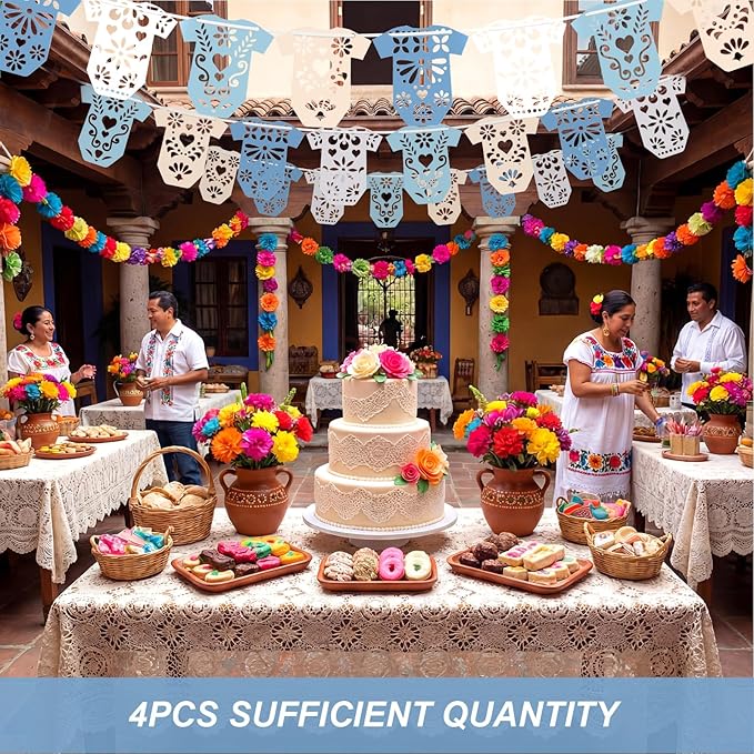 4 Set Cielito Lindo Baby Shower Garland 48 Pcs Blue Papel Picado Party Decorations Mexican Lace Baby Bodysuit Banner Card with Hanging String for Gender Neutral Party Supplies