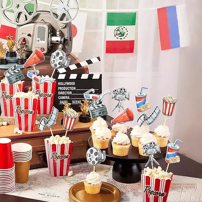 40 PCS Double Sided Movie Night Roll Glasses Camera Popcorn Cupcake Picks Projector Hollywood Cake Decorations for Kids Birthday Party Decro Supplies