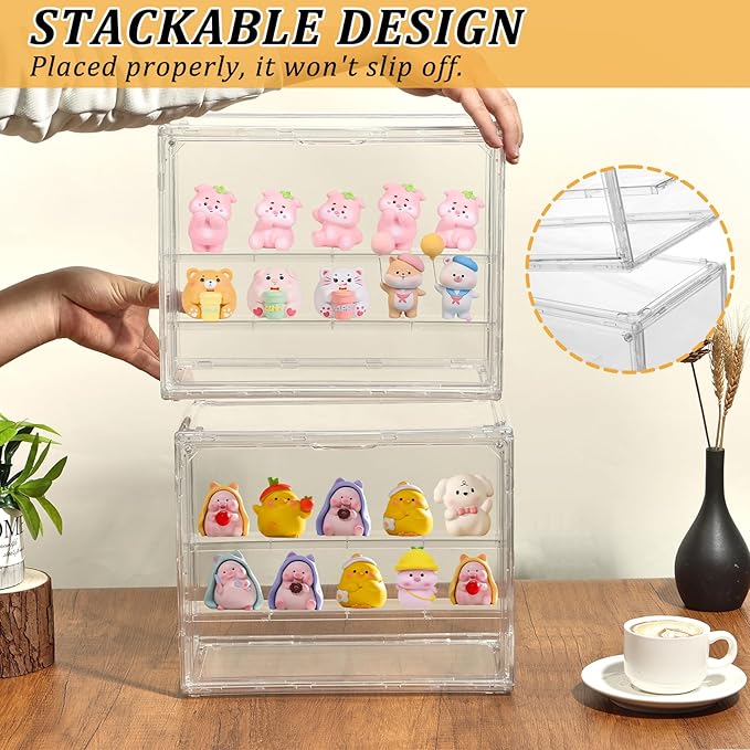 2 Pack 3 Layer Adjustable Figure Display Case, Acrylic Display Case for Collectibles,Clear Acrylic Display Case Stackable Display Box Showcase with Magnetic Door for Action Figures, Funko