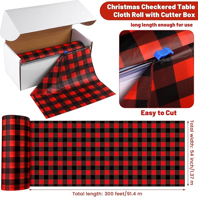 Kochorie 54 Inch x 300 Ft Red and Black Checkered Plastic Table Cloth Roll Disposable Red Black Buffalo Plaid Table Cover Roll with Easy Slide Cutter for Christmas Party/Home Dining/Decor