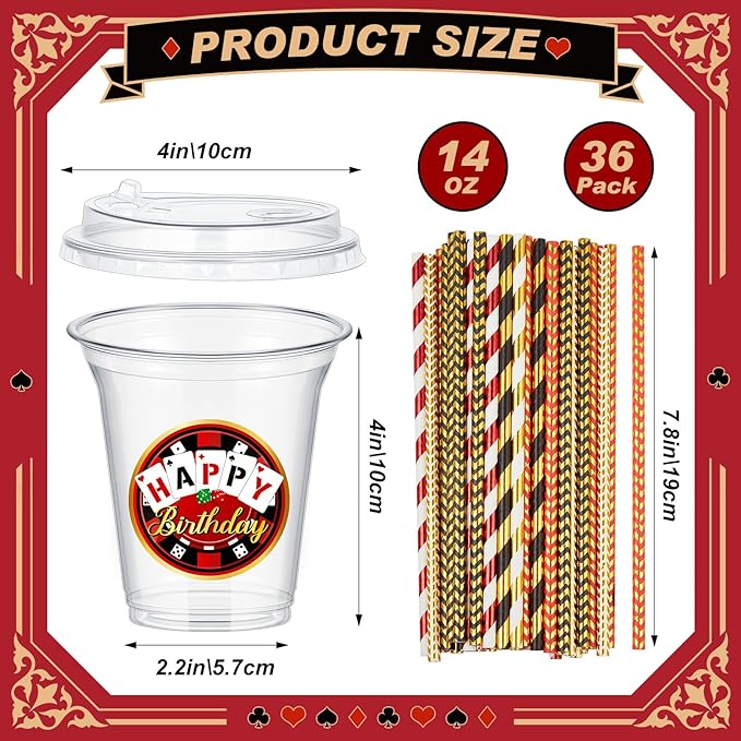 Boao 36 Sets Casino Party Cups with Lids and Paper Straws 14 oz Poker Birthday Party Supplies Favors Decorations Disposable Clear Plastic Cups for Casino Theme Birthday Wedding Decorations