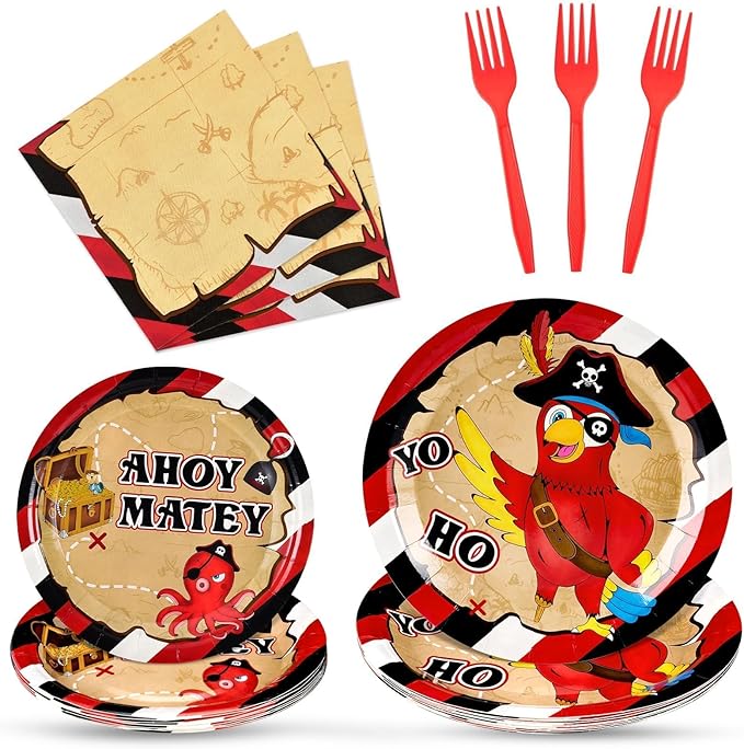 WERNNSAI Pirate Party Supplies - 64PCS Pirate Plates Napkins and Forks Treasure Map Party Decorations Nautical Birthday Plates and Napkins for Kids Boys Baby Shower Favors Serves 16 Guests