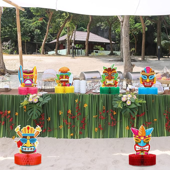 Geyee 9 Pcs Hawaiian Luau Honeycomb Centerpiece Tiki Tropical Table Toppers Party Decorations Luau Double Side Table Paper Toppers Signs for Hawaii Birthday Beach Pool Party Supplies