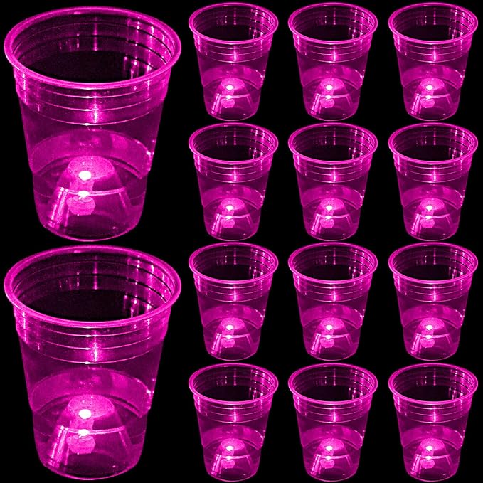 mishunyus 24 pcs Pink Glow-in-the-Dark Plastic Cup Set for Party Event Fun, 16 oz Cups, Wedding House Parties Birthdays Concerts Weddings BBQ Beach Holidays