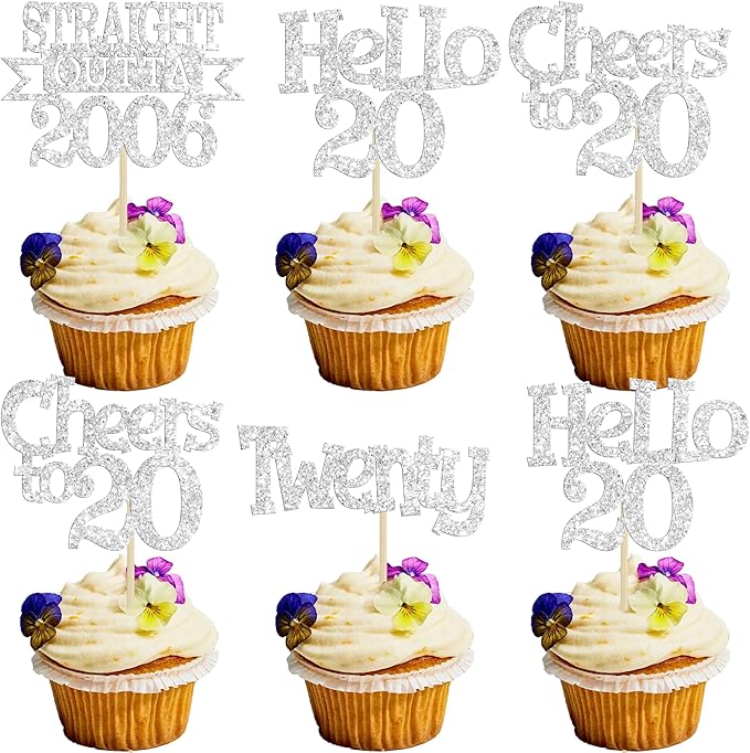 Ephlyn 24Pcs Happy 20th Birthday Cupcake Toppers Glitter Straight Outta 2006 Cupcake Picks Hello 20 Cheers to 20 Years Cake Decorations for 20th Birthday Anniversary Party Decorations Supplies Silver