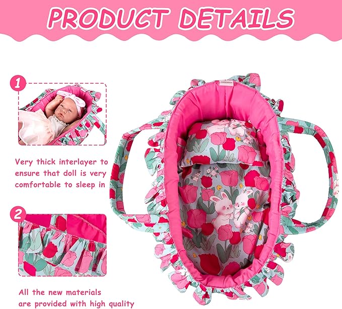 Doll Carry Cot Set, Soft 3PC Set Includes Cot, Mattress and Pillow, Rose Rabbit Doll Bassinet, Fits for 10-12 Inch American Girl Dolls
