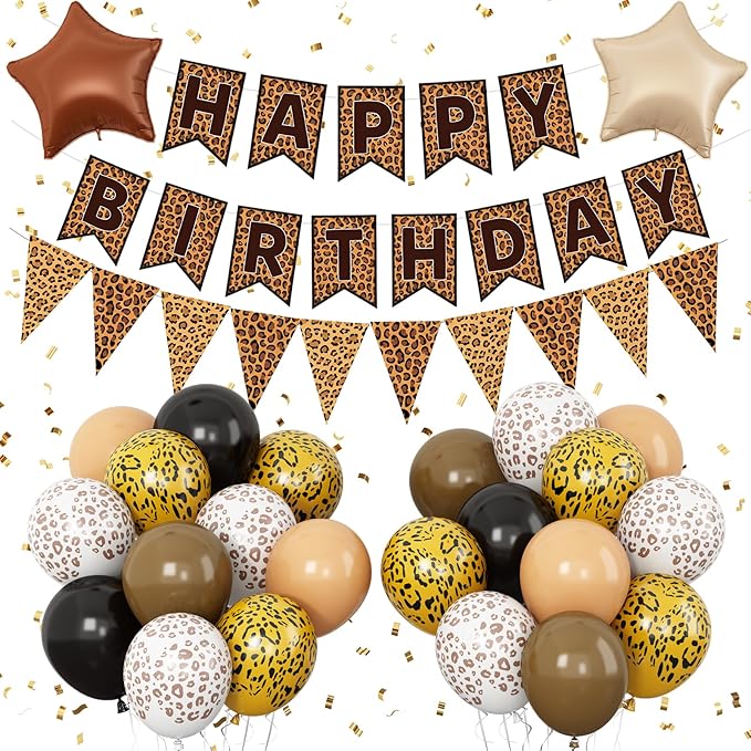 Leopard Birthday Decorations, Gold Cheetah Print Animal Balloons Brown Black and Heart Balloons, Cheetah Happy Birthday Banner for Safari Wild Birthday Baby Shower Jungle Zoo Theme Party Supplies