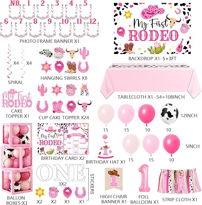 155Pcs My First Rodeo Decorations Girl,Western Cowgirl 1st Birthday Balloon Arch,Banner,ONE Box,Tablecloth Theme Party Supplies for Baby Girl 1st Birthday,Girls Baby Shower Party
