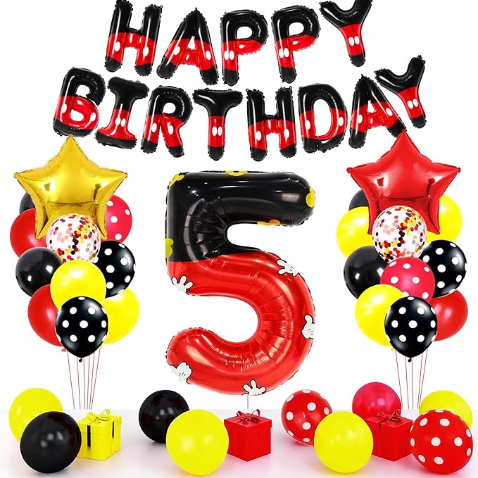 YIIHMEI Cartoon Mouse Balloons Birthday Decorations Party Supplies Boy Red And Black Foil Balloon Banner 40inch Number 5