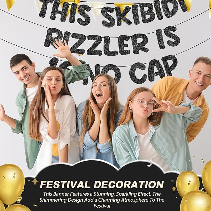 Fulmoon Pre Strung This Skibidi Rizzler Is 16 No Cap Glitter Banner 16th Birthday Party Decorations, Funny Birthday Sign, Party Supplies, Ideas, Gifts, Black