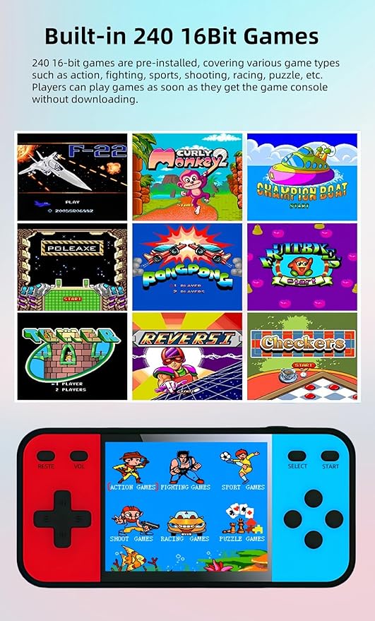 3-inch Screen Dual Color 16bit Video Game Console Built-in 240 Games Support AV-Out Children's Handheld Game Device Retro Nostalgia Game Toys Kid's Gift Travel Leisure Companion