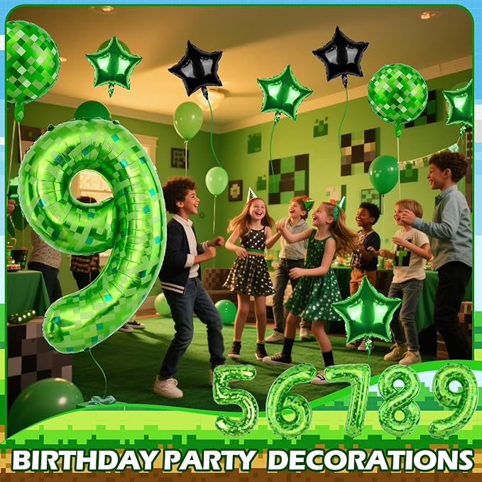 40 Inch Green Pixel Themed Number 9 Balloon Set Foil Balloon for Girls & Boys Birthday Party Decorations, Party Supplies & Favors (Number 9)