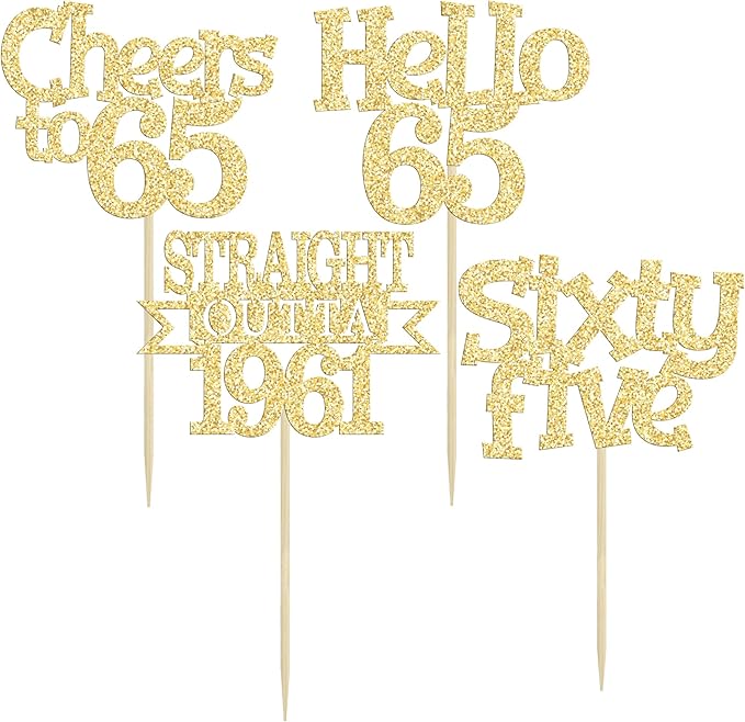 Ephlyn 24Pcs 65th Birthday Cupcake Toppers Glitter Straight Outta 1961 Cupcake Picks Hello 65 Cheers to 65 Years Cake Decorations for 65th Birthday Anniversary Party Decorations Supplies Gold