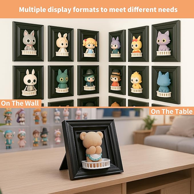 Display Frame with Balcony for Mini Figures, 6.7×6.7in Black Collection case, Wall Mount & Desktop Compatible, Fits Blind Box Toys & Action Collectibles