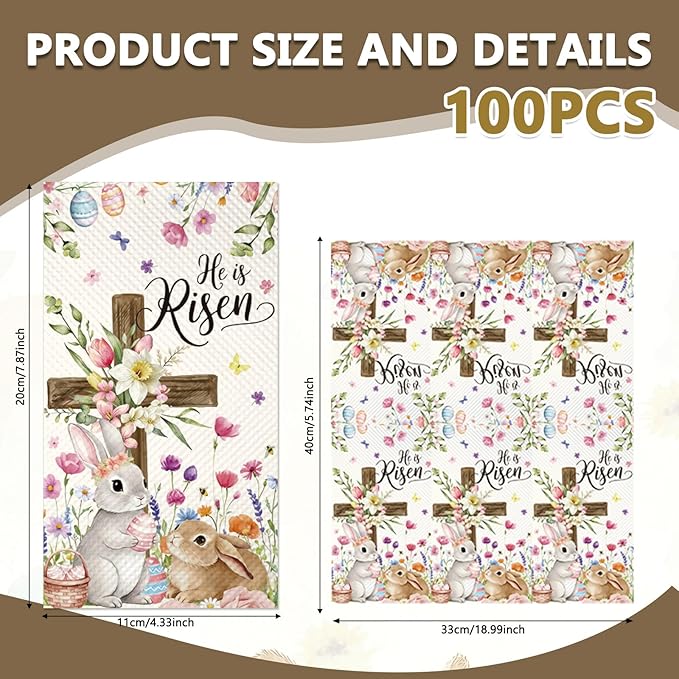100Pcs He Is Risen Easter Napkins - Watercolor Bunny Rabbit Flower Egg Party Napkins Spring Floral Theme Party Supplies Disposable Luncheon Dinner Napkins 7.8" x4.3" for Tea Party Kitchen
