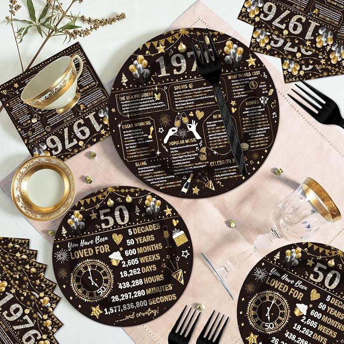 96PCS 50th Birthday Plates and Napkins Party Supplies 50th Birthday Decorations for Women Men 50th Anniversary Decorations Cheers to 50 Years Vintage Tableware Sets Serve 24 Guests